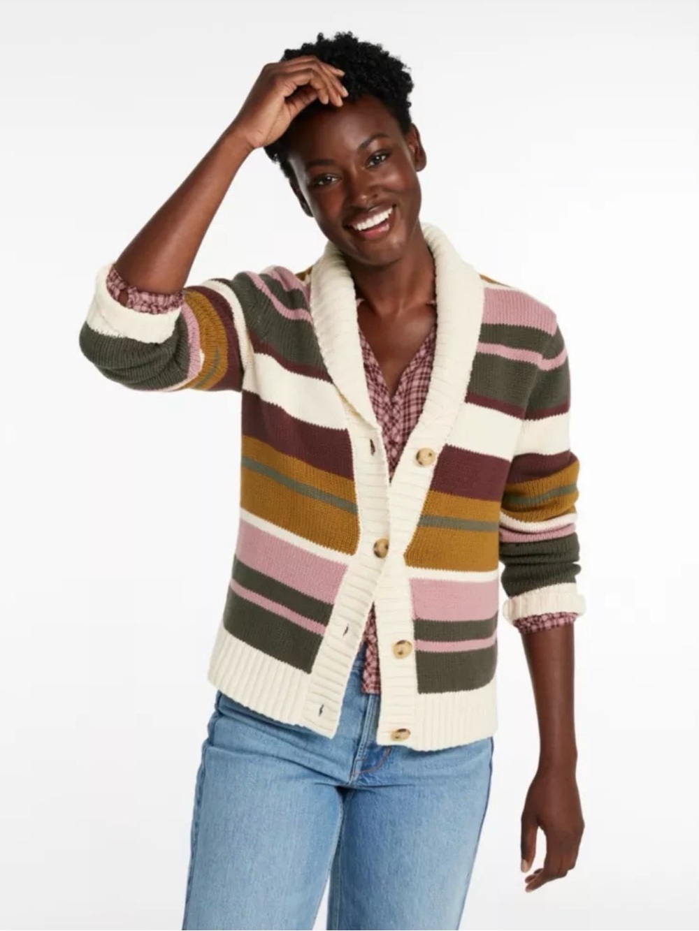 L.L. Been Women's Signature Original Cotton Sweater, Shawl Cardigan Stripe XS